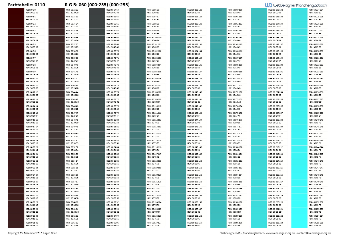 RGB / HEX Farbtafel / Farbtabelle 0110