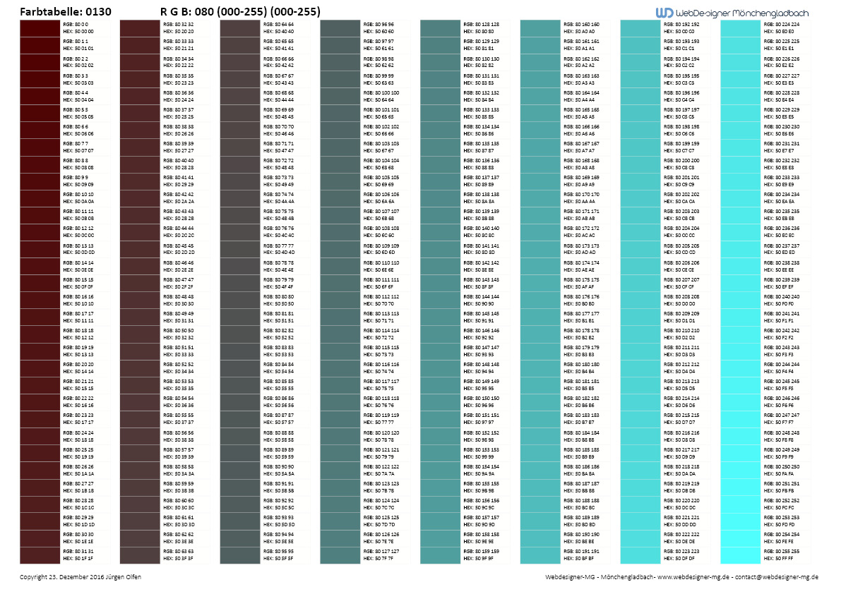 RGB / HEX Farbtafel / Farbtabelle 0130