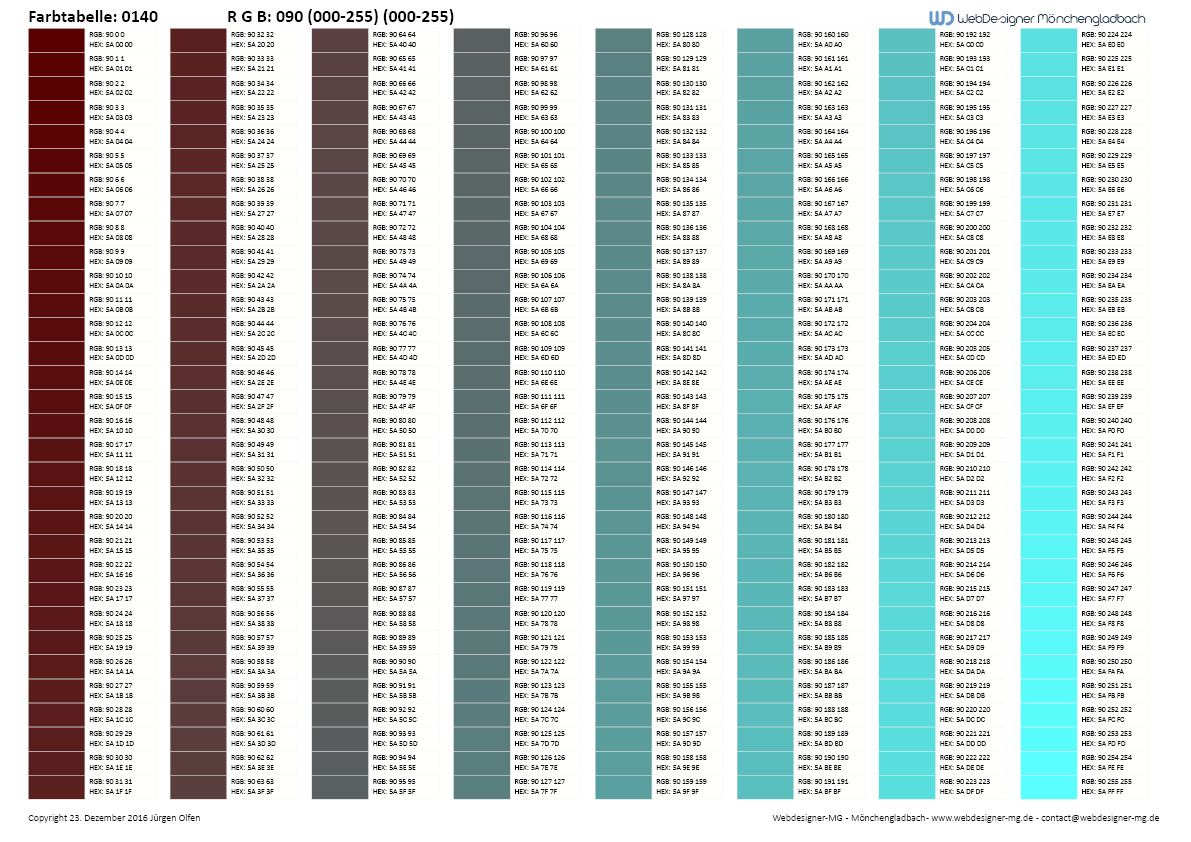 RGB / HEX Farbtafel / Farbtabelle 0140