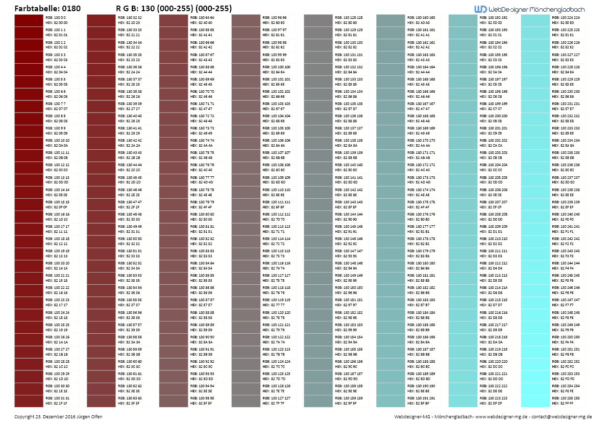 RGB / HEX Farbtafel / Farbtabelle 0180