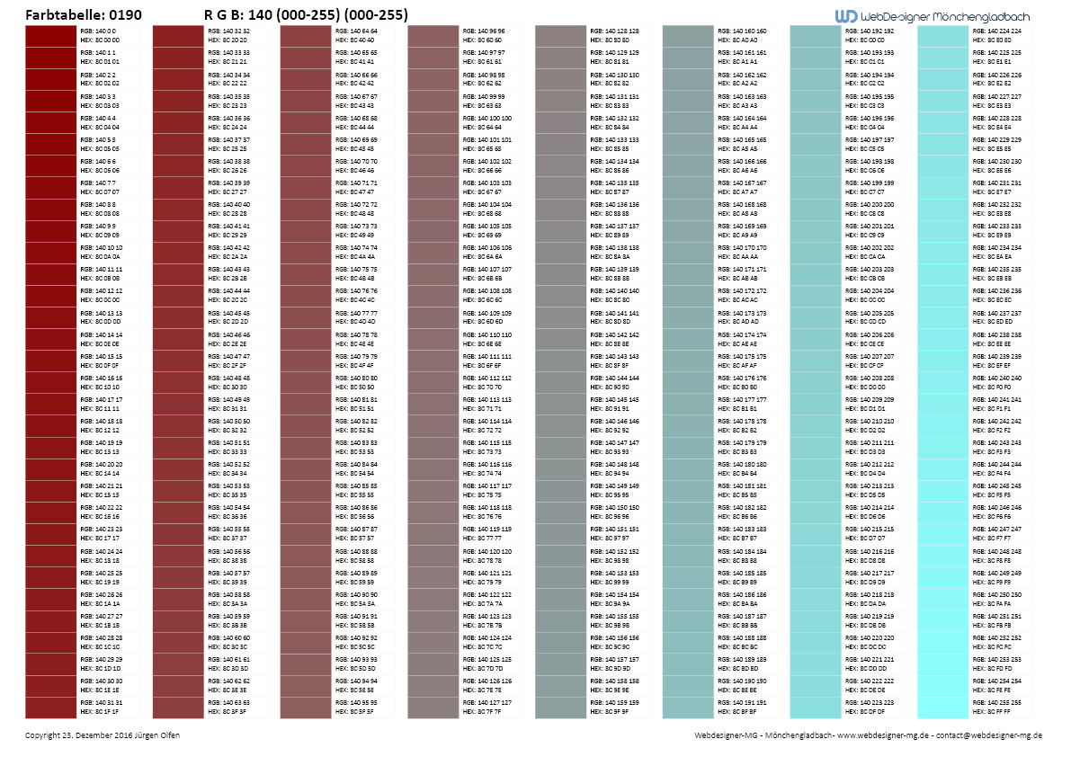 RGB / HEX Farbtafel / Farbtabelle 0190
