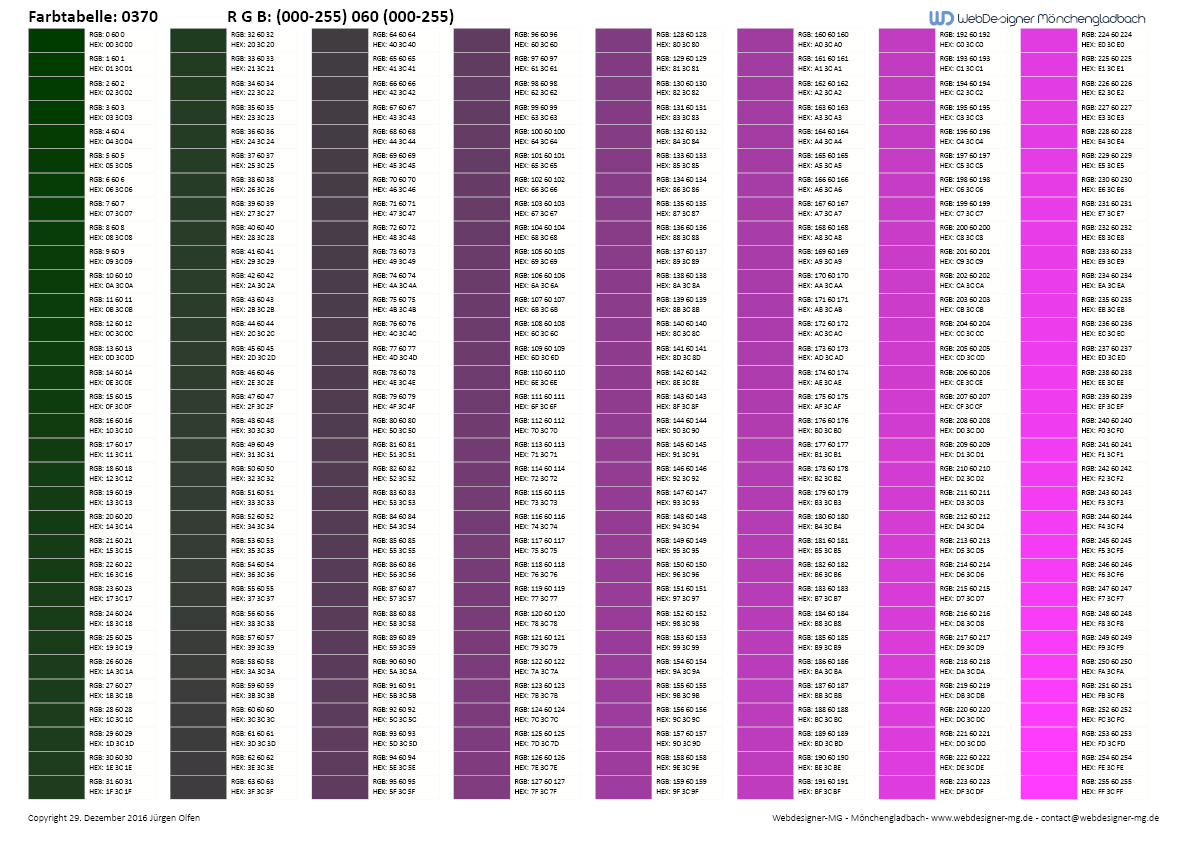 RGB / HEX Farbtafel / Farbtabelle 0370
