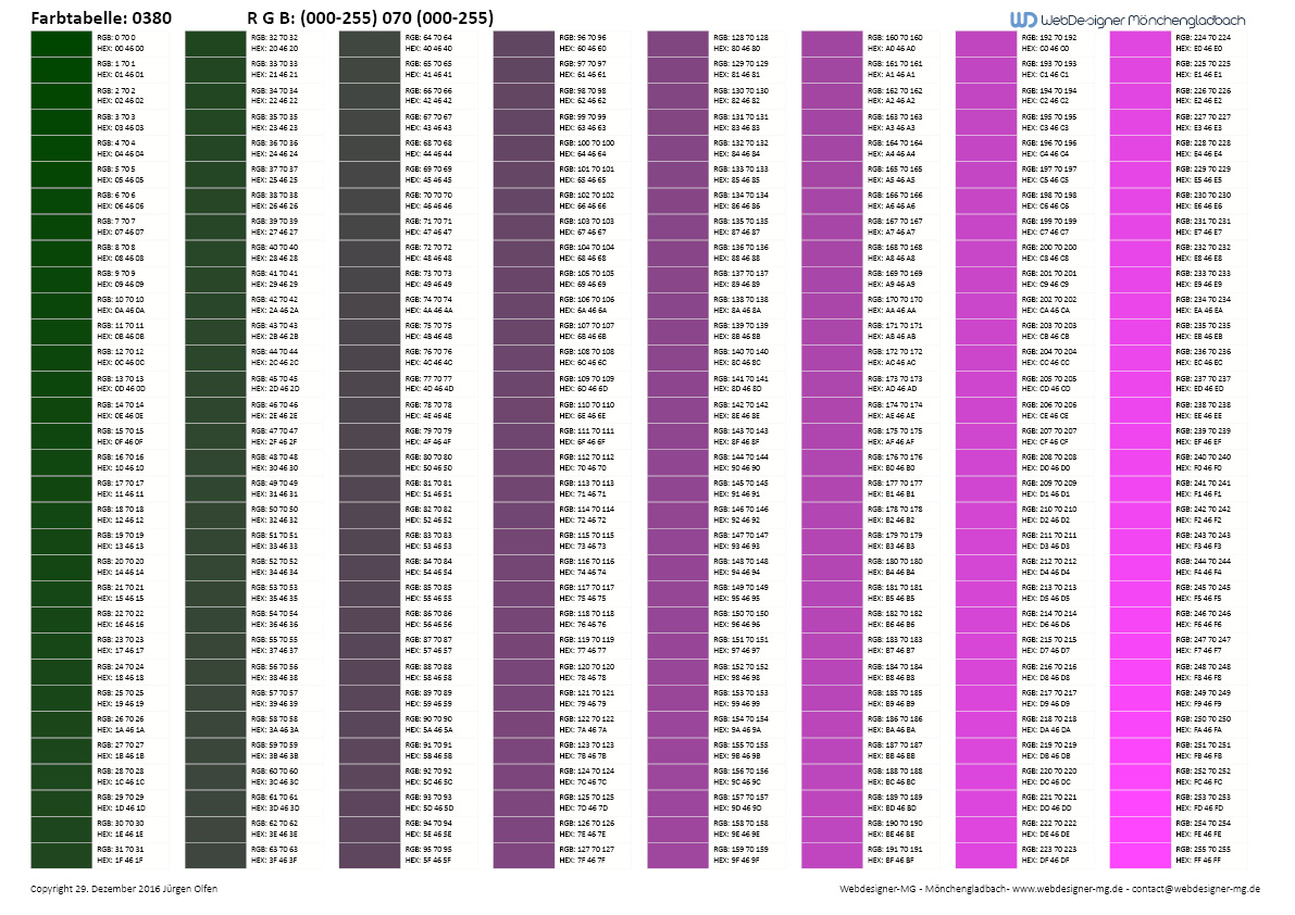 RGB / HEX Farbtafel / Farbtabelle 0380