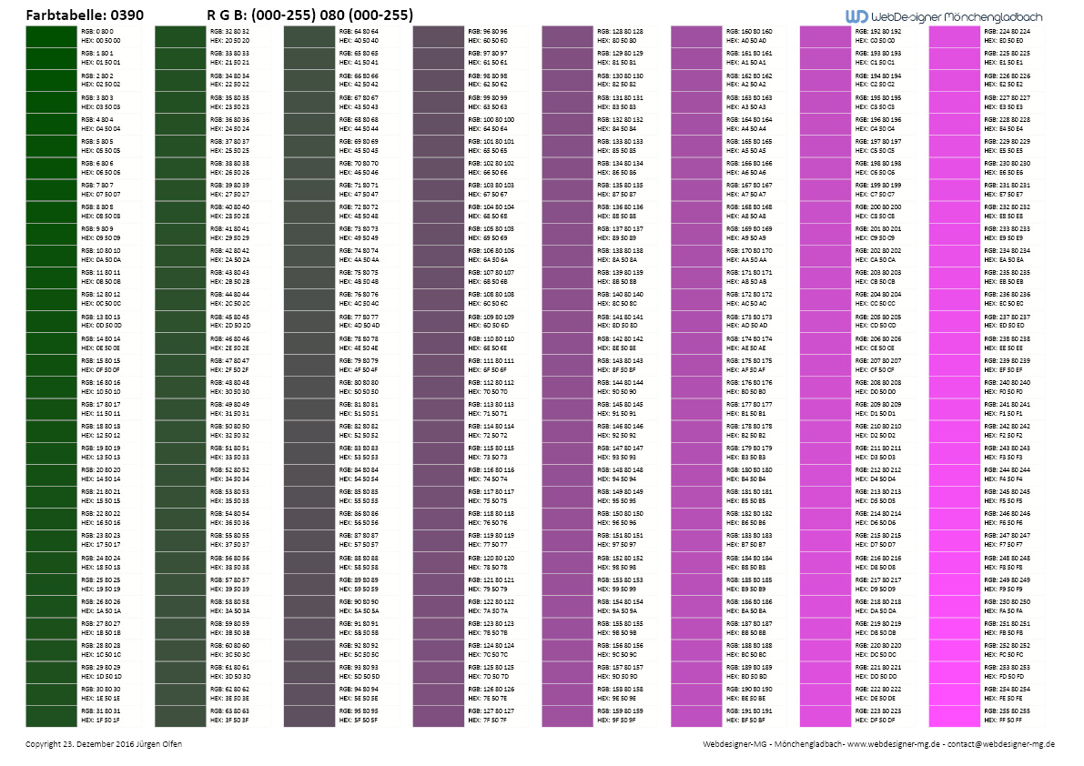 RGB / HEX Farbtafel / Farbtabelle 0390