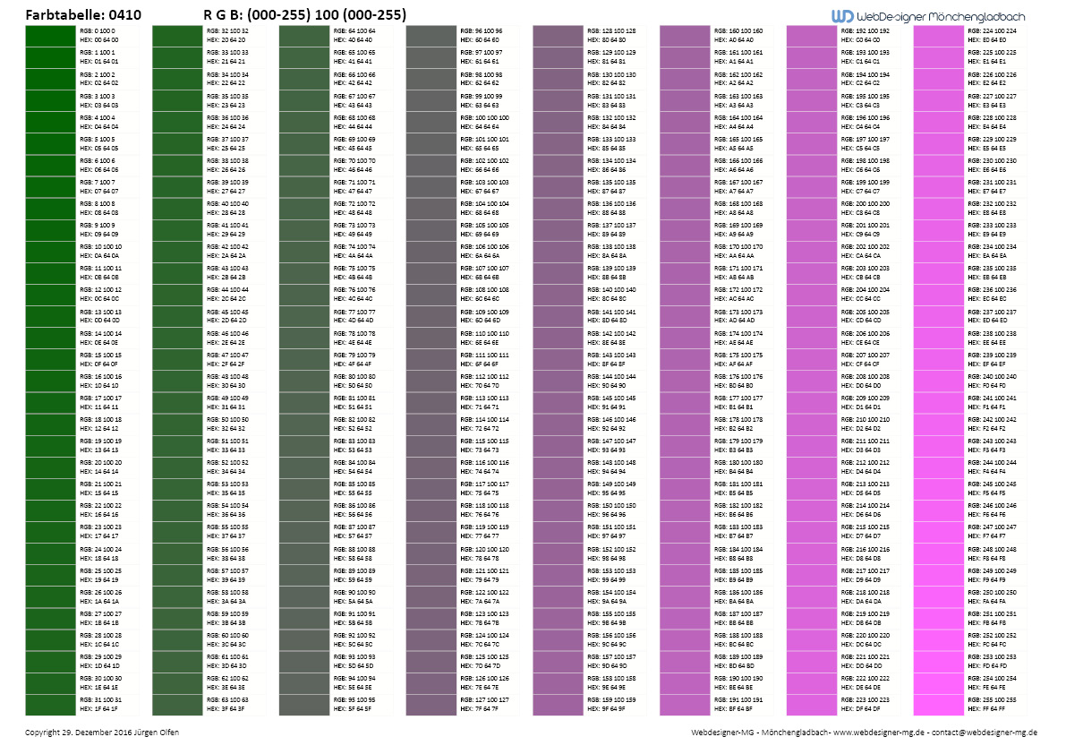 RGB / HEX Farbtafel / Farbtabelle 0410