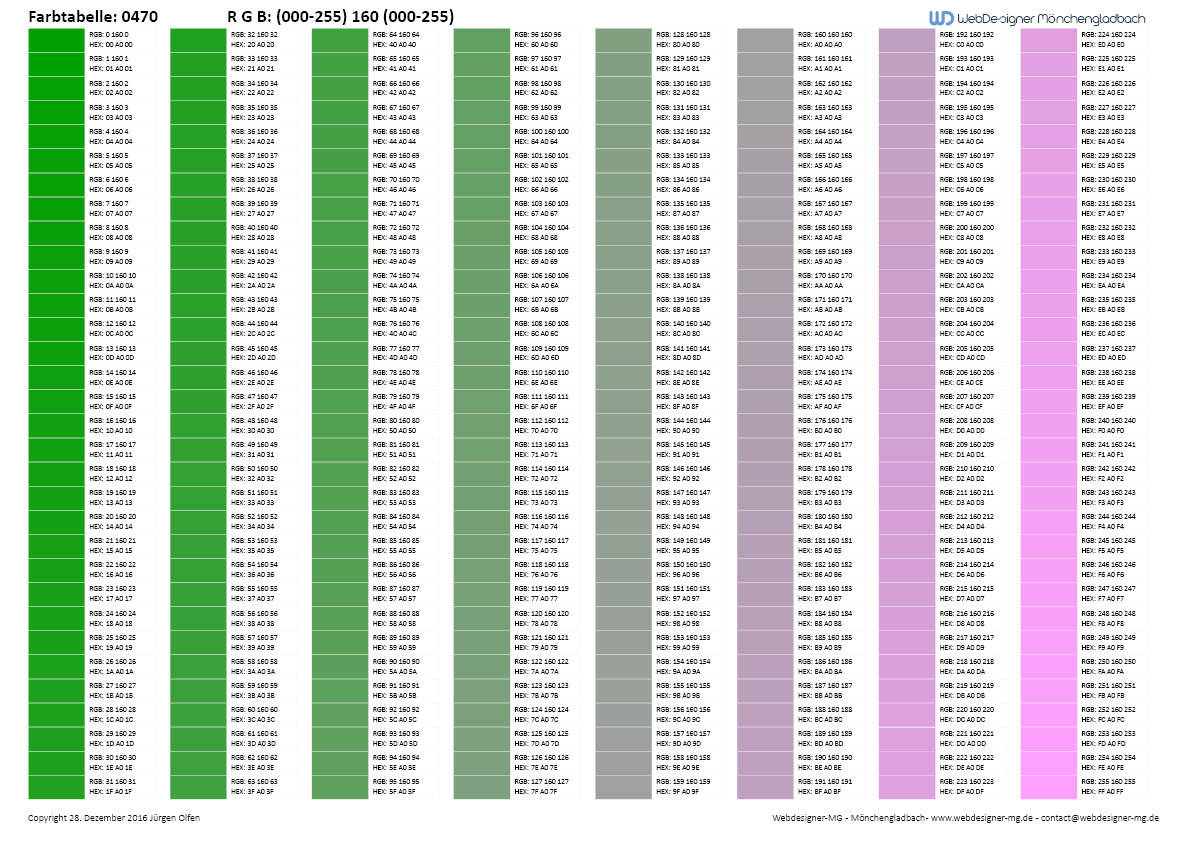 RGB / HEX Farbtafel / Farbtabelle 0470