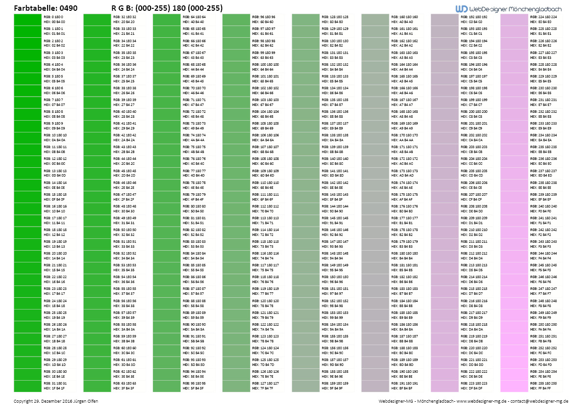 RGB / HEX Farbtafel / Farbtabelle 0490