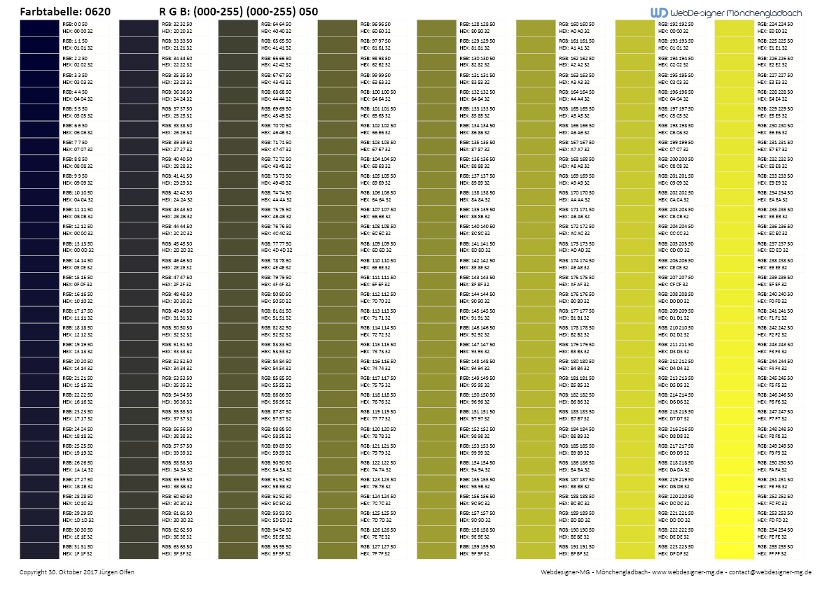 RGB / HEX Farbtafel / Farbtabelle 0620