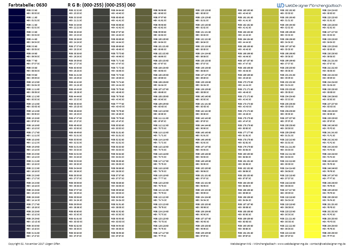 RGB / HEX Farbtafel / Farbtabelle 0630