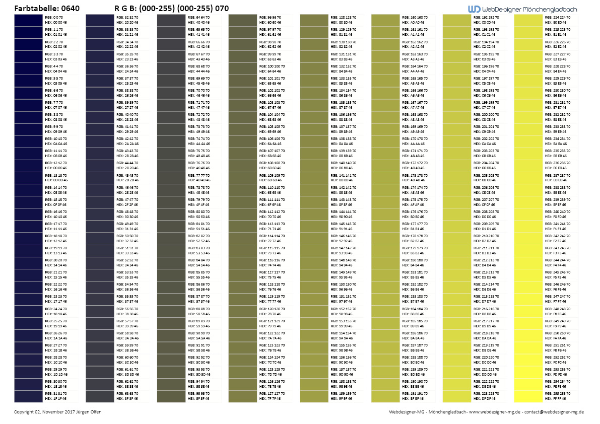 RGB / HEX Farbtafel / Farbtabelle 0640