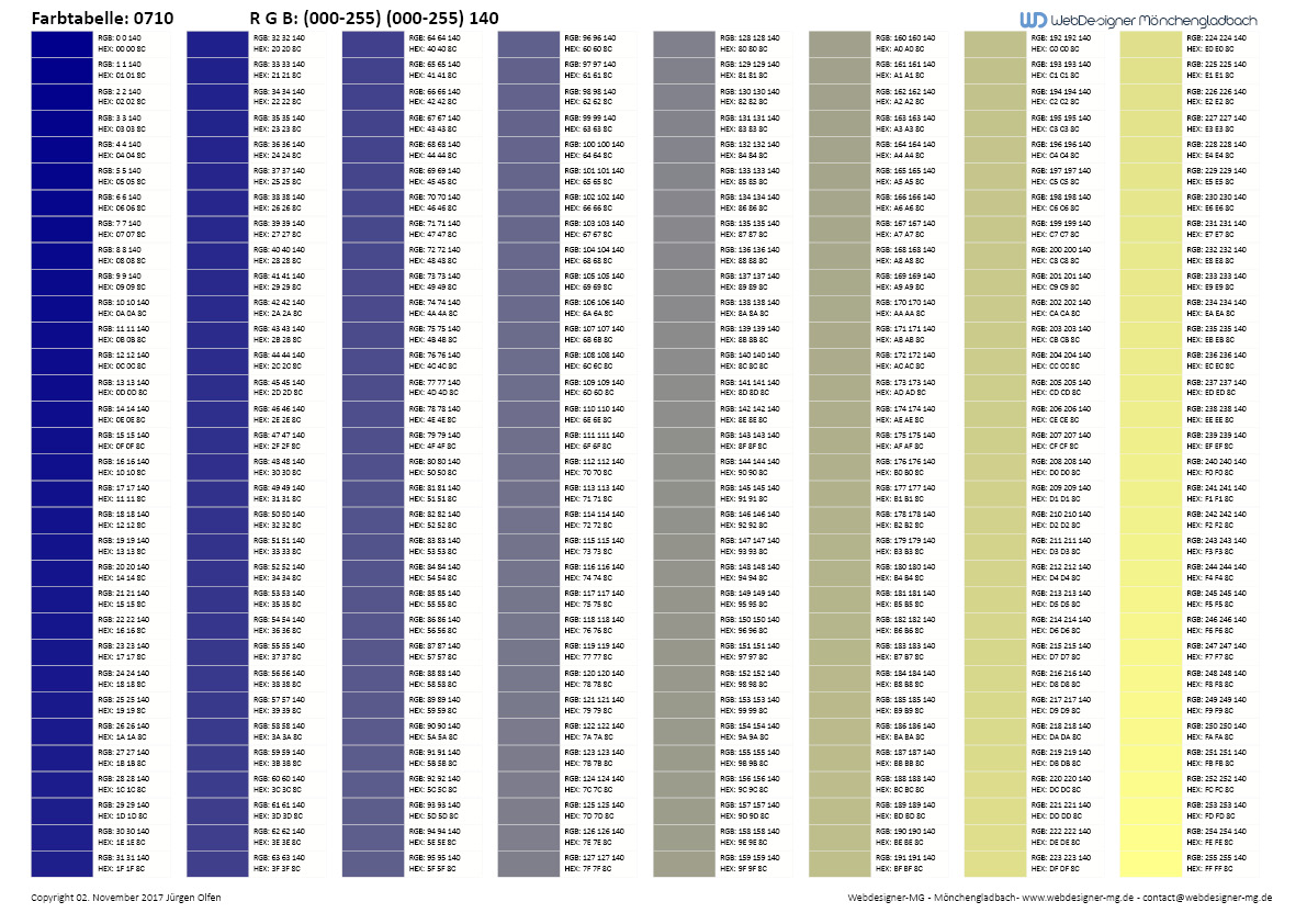 RGB / HEX Farbtafel / Farbtabelle 0710