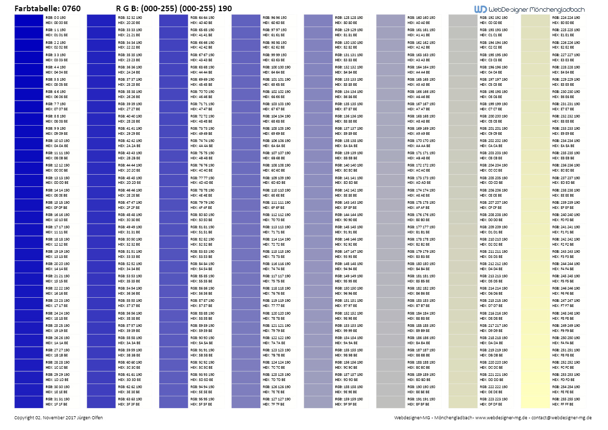 RGB / HEX Farbtafel / Farbtabelle 0760