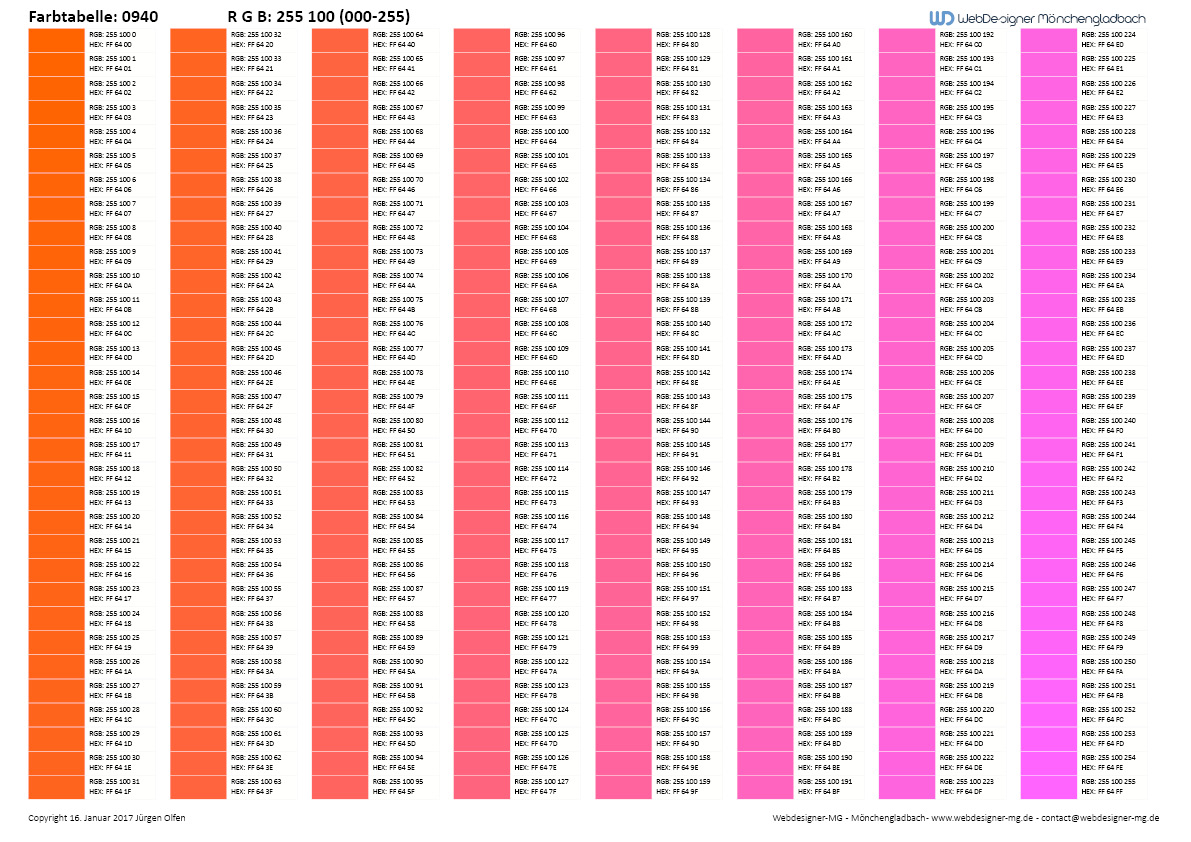 RGB / HEX Farbtafel / Farbtabelle 0940