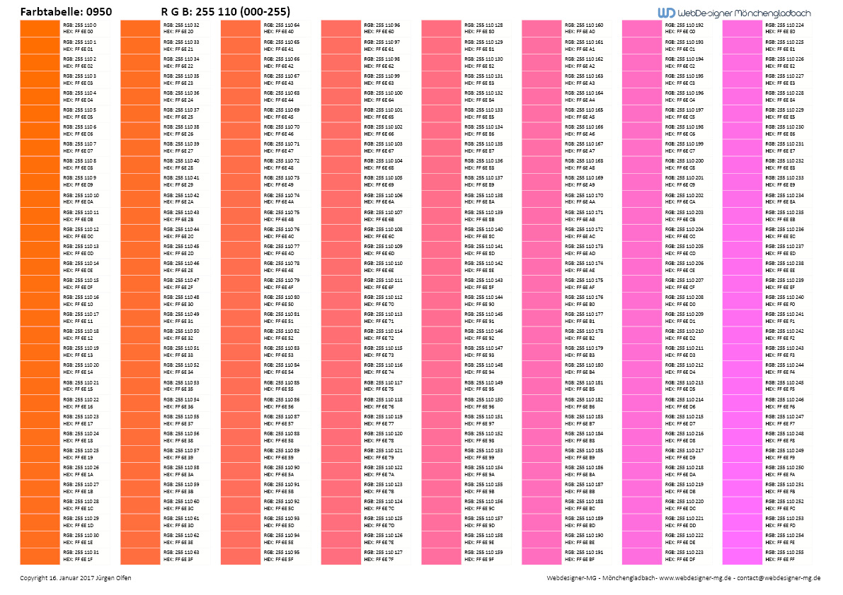 RGB / HEX Farbtafel / Farbtabelle 0950