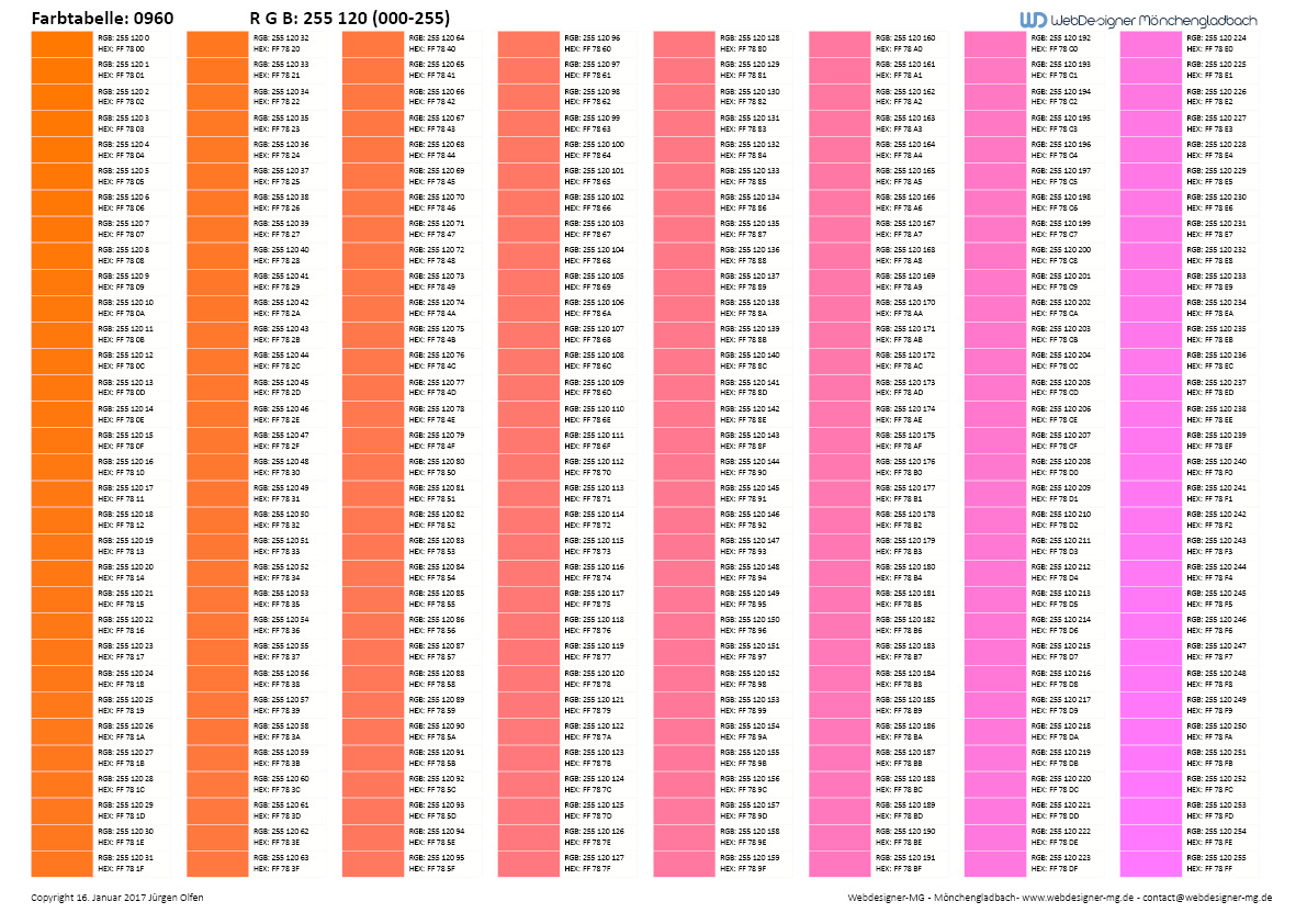 RGB / HEX Farbtafel / Farbtabelle 0960
