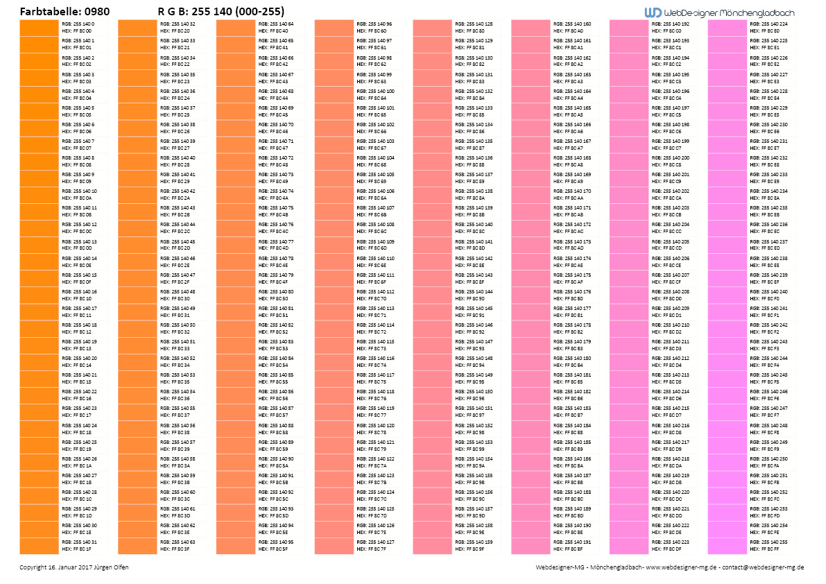 RGB / HEX Farbtafel / Farbtabelle 0980