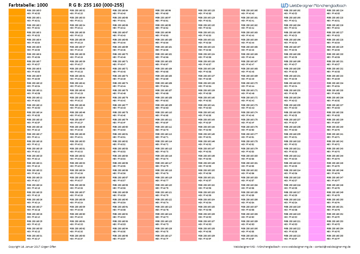 RGB / HEX Farbtafel / Farbtabelle 1010
