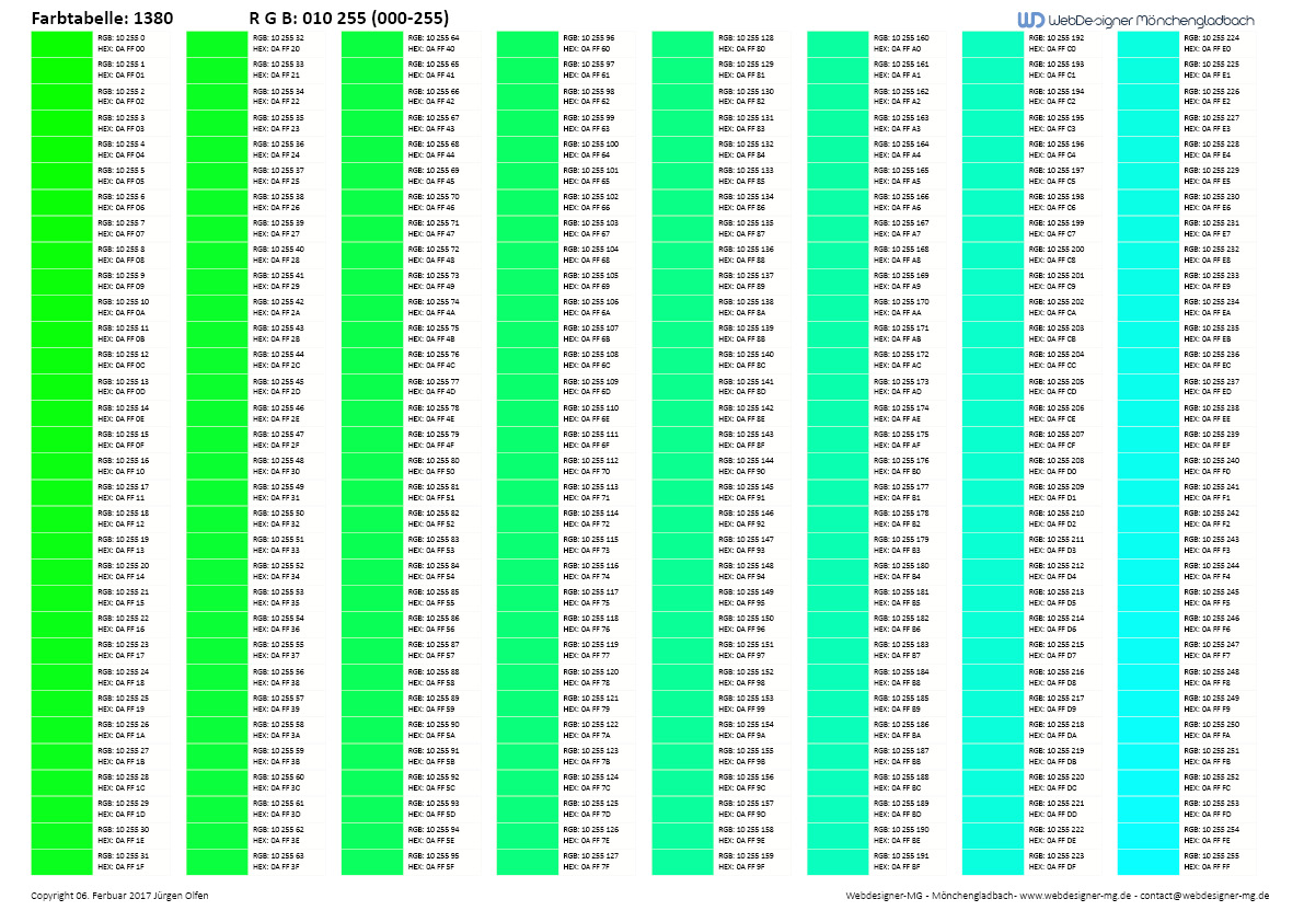 RGB Farbtabelle / RGB Farbtabelle mit Hex Code 1380