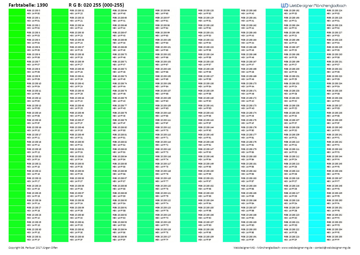 RGB Farbtabelle / RGB Farbtabelle mit Hex Code 1390