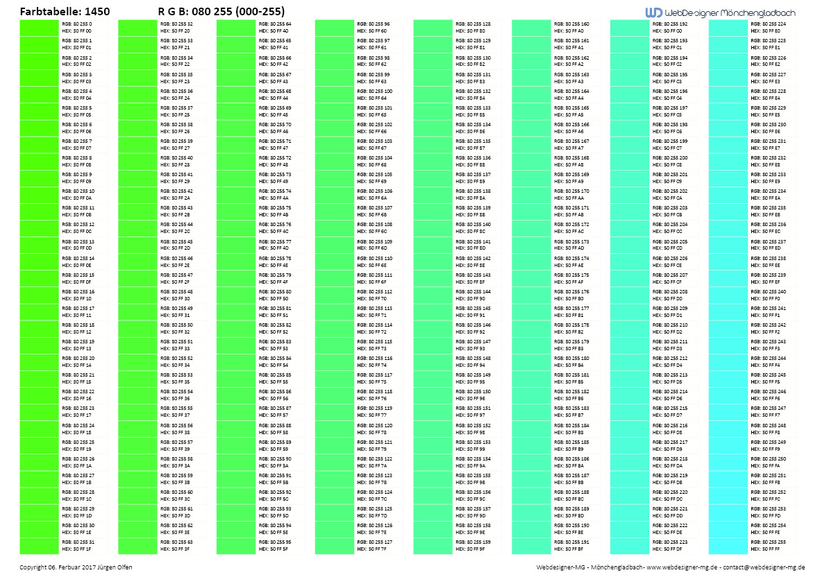 RGB Farbtabelle / RGB Farbtabelle mit Hex Code 1450
