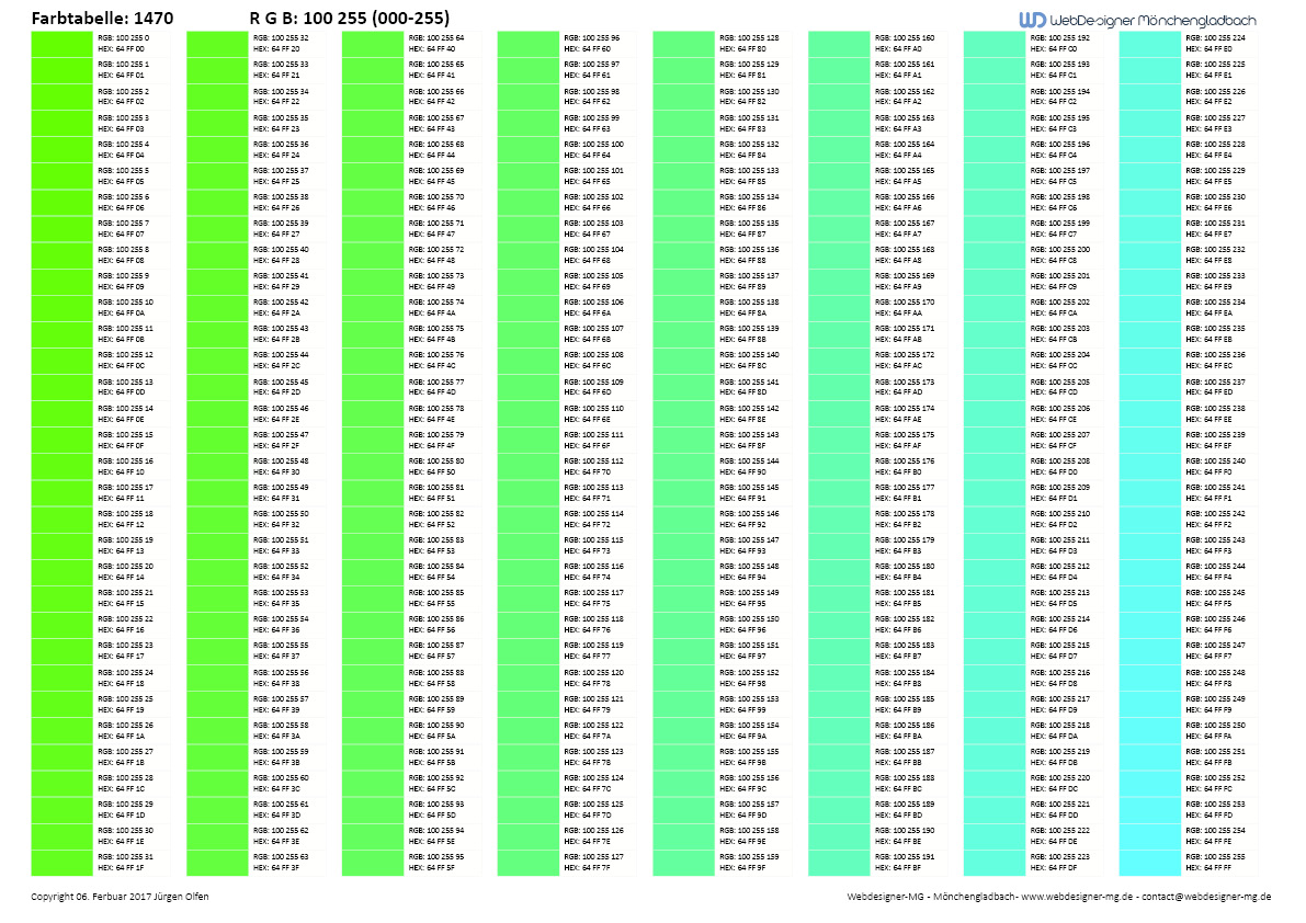 RGB Farbtabelle / RGB Farbtabelle mit Hex Code 1470