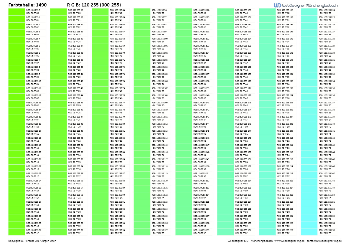 RGB Farbtabelle / RGB Farbtabelle mit Hex Code 1490