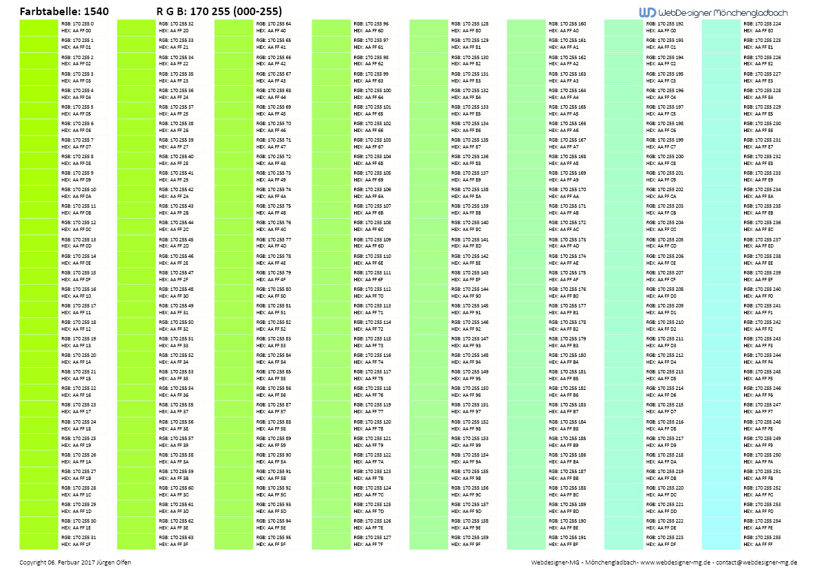 RGB Farbtabelle / RGB Farbtabelle mit Hex Code 1540