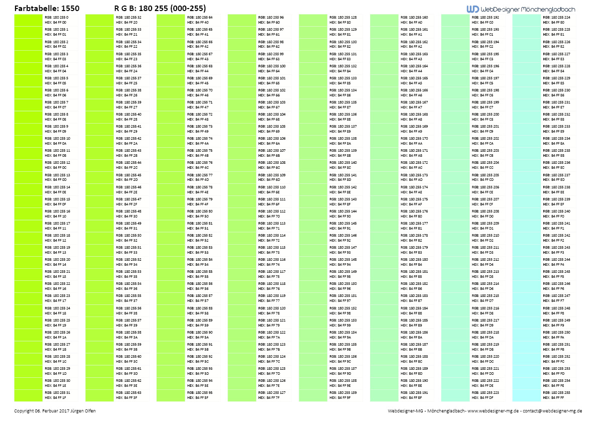 RGB Farbtabelle / RGB Farbtabelle mit Hex Code 1550