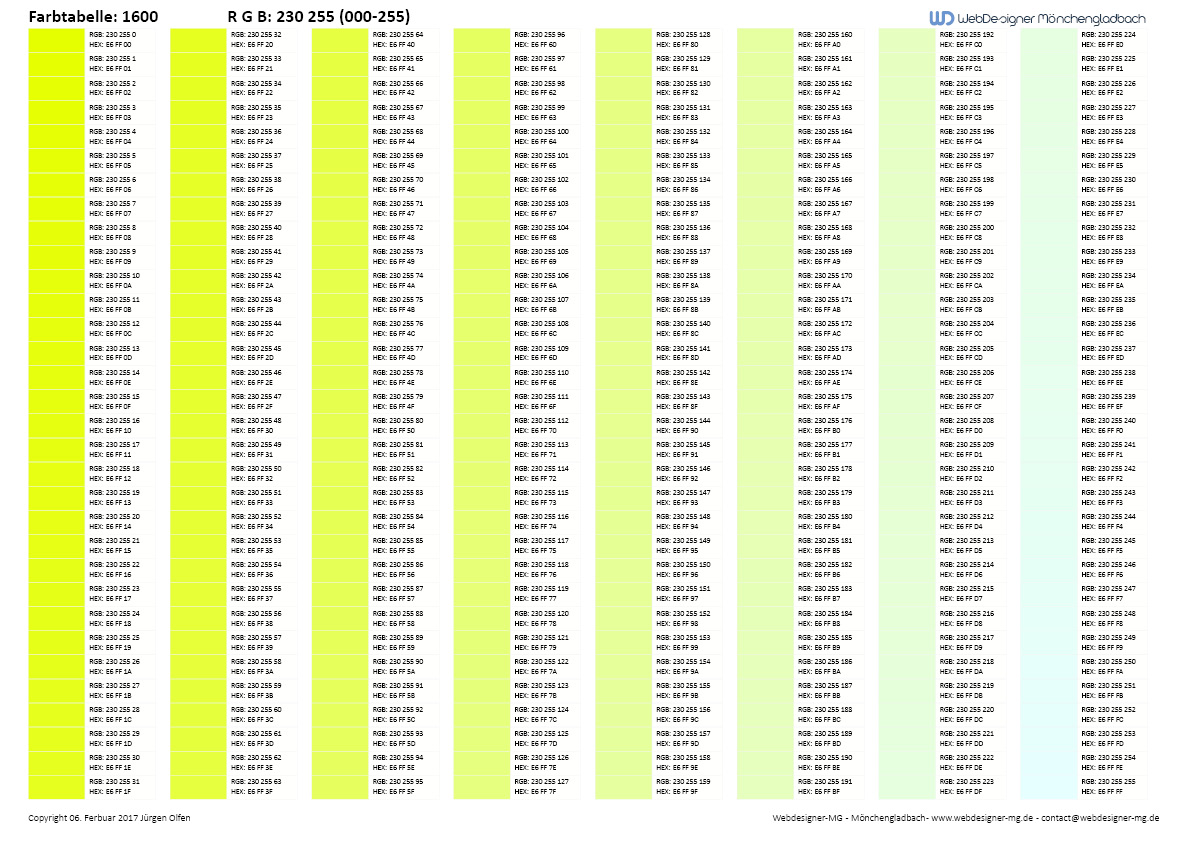 RGB Farbtabelle / RGB Farbtabelle mit Hex Code 1600