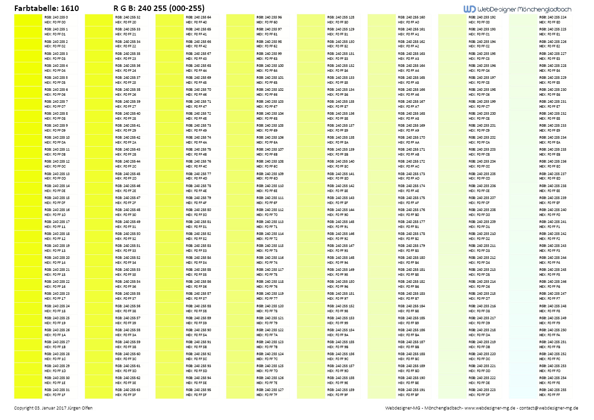 RGB Farbtabelle / RGB Farbtabelle mit Hex Code 1610