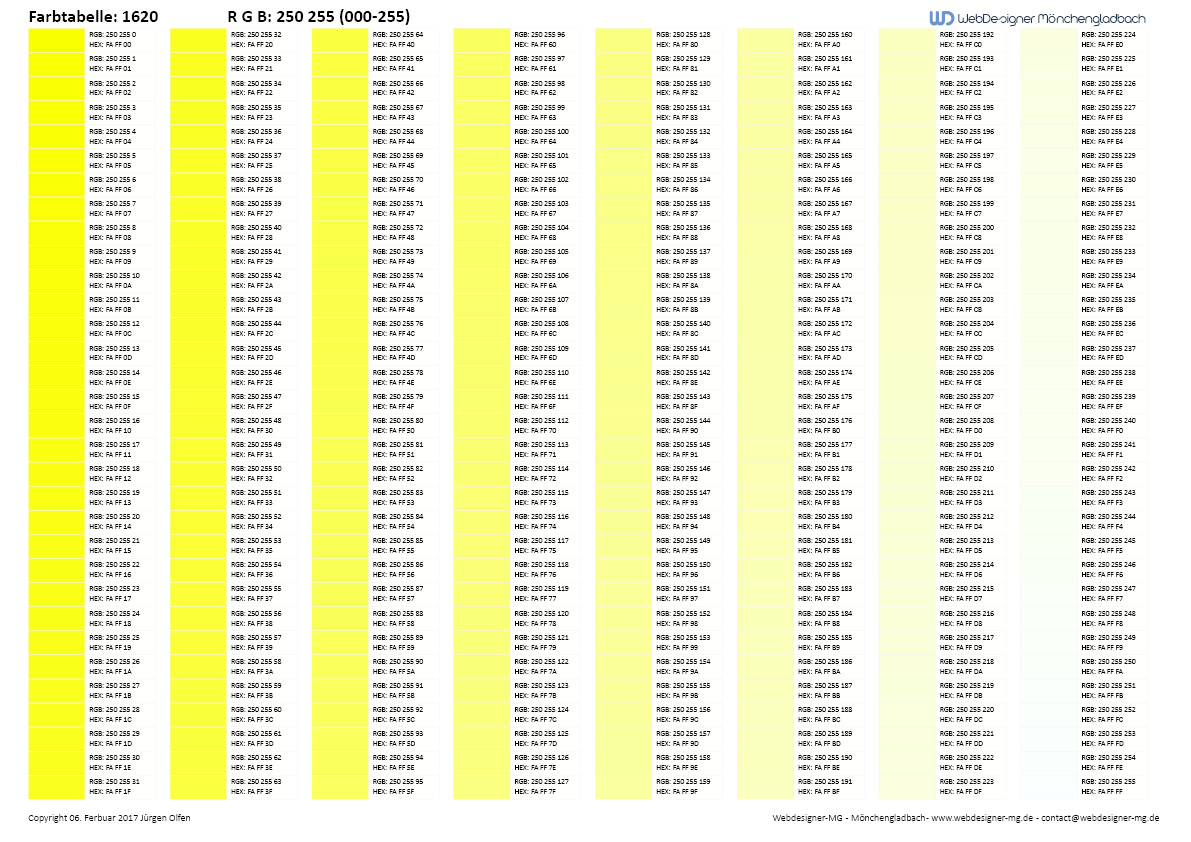 RGB Farbtabelle / RGB Farbtabelle mit Hex Code 1620