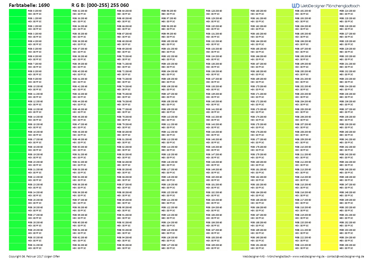 RGB Farbtabelle / RGB Farbtabelle mit Hex Code 1690
