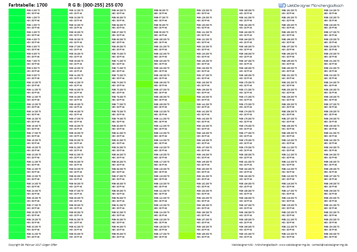 RGB Farbtabelle / RGB Farbtabelle mit Hex Code 1700