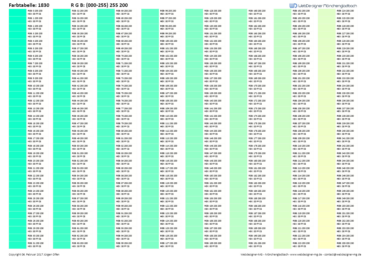 RGB Farbtabelle / RGB Farbtabelle mit Hex Code 1830