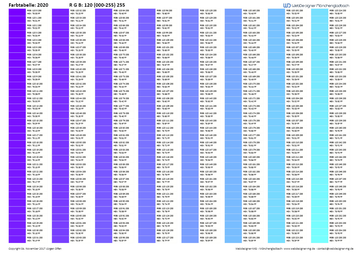RGB / HEX Farbtafel / Farbtabelle 2020