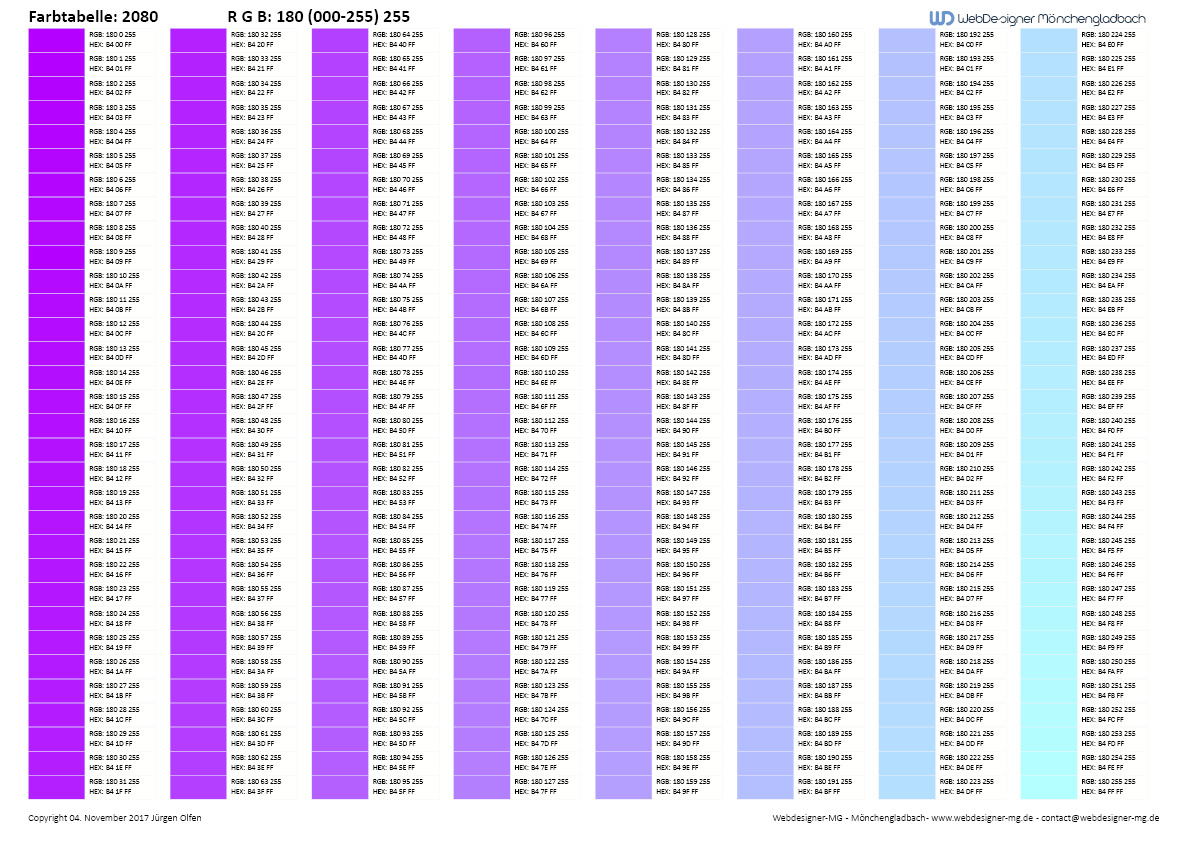 RGB / HEX Farbtafel / Farbtabelle 2080