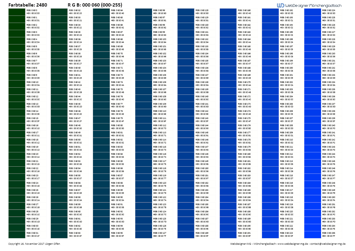 RGB / HEX Farbtafel / Farbtabelle 2480
