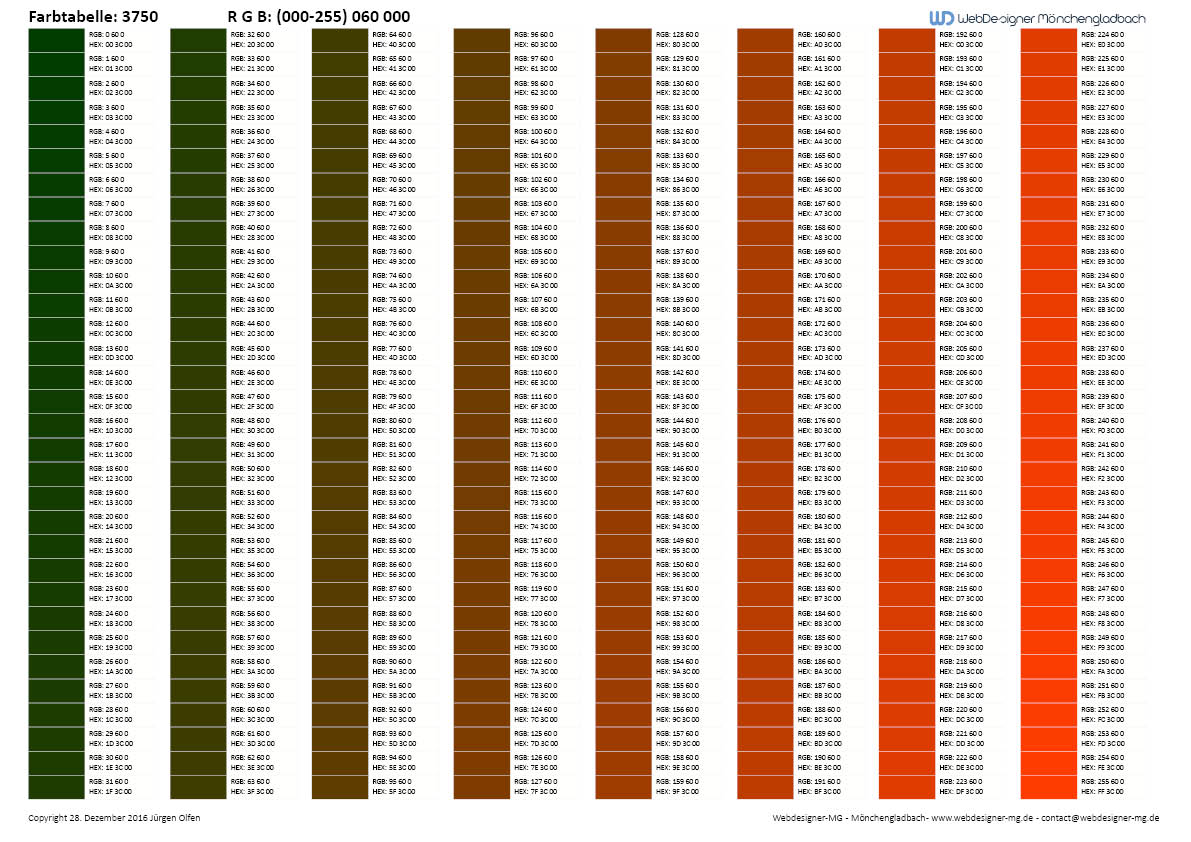 RGB / HEX Farbtafel / Farbtabelle 03750